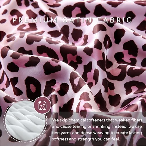 Image of MR&HM Satin Sheets with Elastic Corner Straps, Twin Size 3-Piece Silky Bedding Set, Deep Pocket 15 Inches, Good for Hair & Skin (Twin, Pink Leopard)