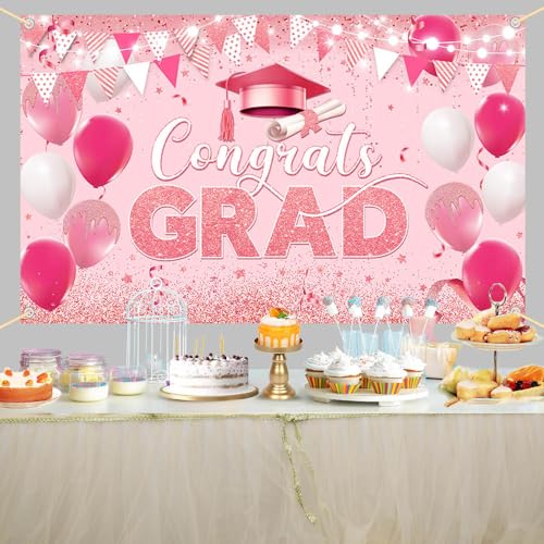 Image of AIBIIN 7x5ft Congrats Grad Backdrop Graduation Decorations 2026 Pink Gold Glitter Balloons Congratulations Graduation Party Decorations Background for Photography Party Supplies