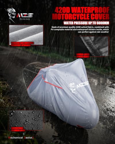 Image of MZS Motorcycle Cover Waterproof Outdoor, Heavy Duty All Season Weather Protection with Cotton Lining Vents Night Reflective Lock Holes Storage Bag fits up to 96 inch Motorcycle Powersports Vehicle Cover