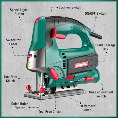 HYCHIKA 6.7A 800W Corded Jig Saw, Jigsaw Tool Power Jig Saws,6‑Speed Up to 3000 SPM, 4 Orbital Settings, Laser Guide, ±45° Bevel Cutting, Tool‑Free Blade Change, 6 Blades for Wood Metal Plastic - image 7