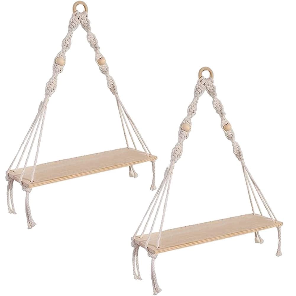 CTRLZS 2 Pcs Boho Shelves with Wood Shelf, Handmade Macrame Shelf for Hanging Plants and Decor