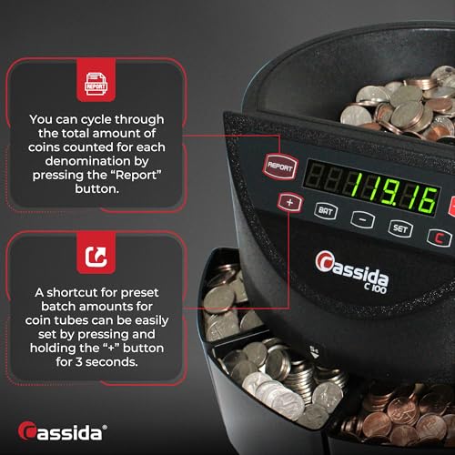 Cassida C100 Electronic Coin Sorter/Counter, Countable coins 1¢, 5¢, 10¢, 25¢, 250 coins/min, 110 VAC