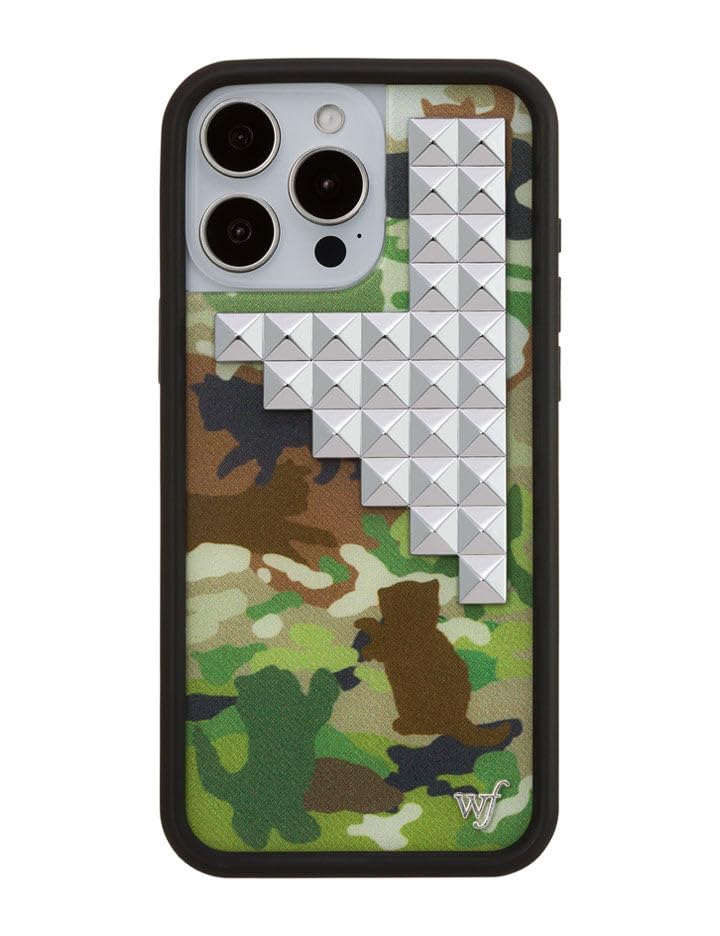 Image of Wildflower Cases - Compatible with iPhone 16 Pro Max | Protective Black Bumper, 6.5ft Drop Test Certified, Women Owned Small Business | Camouflage Original Silver | Stud Pyramid Collection - Cat Camo
