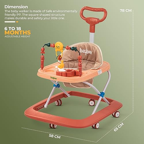 Image of Baybee Nexus Baby Walker for Kids with Parental Push Handle & 2 Height Adjustable, Multi-Function Folding Activity Walker for Baby with Musical Toy Bar | Walker Baby 6-18 Months Boys Girls (Orange)