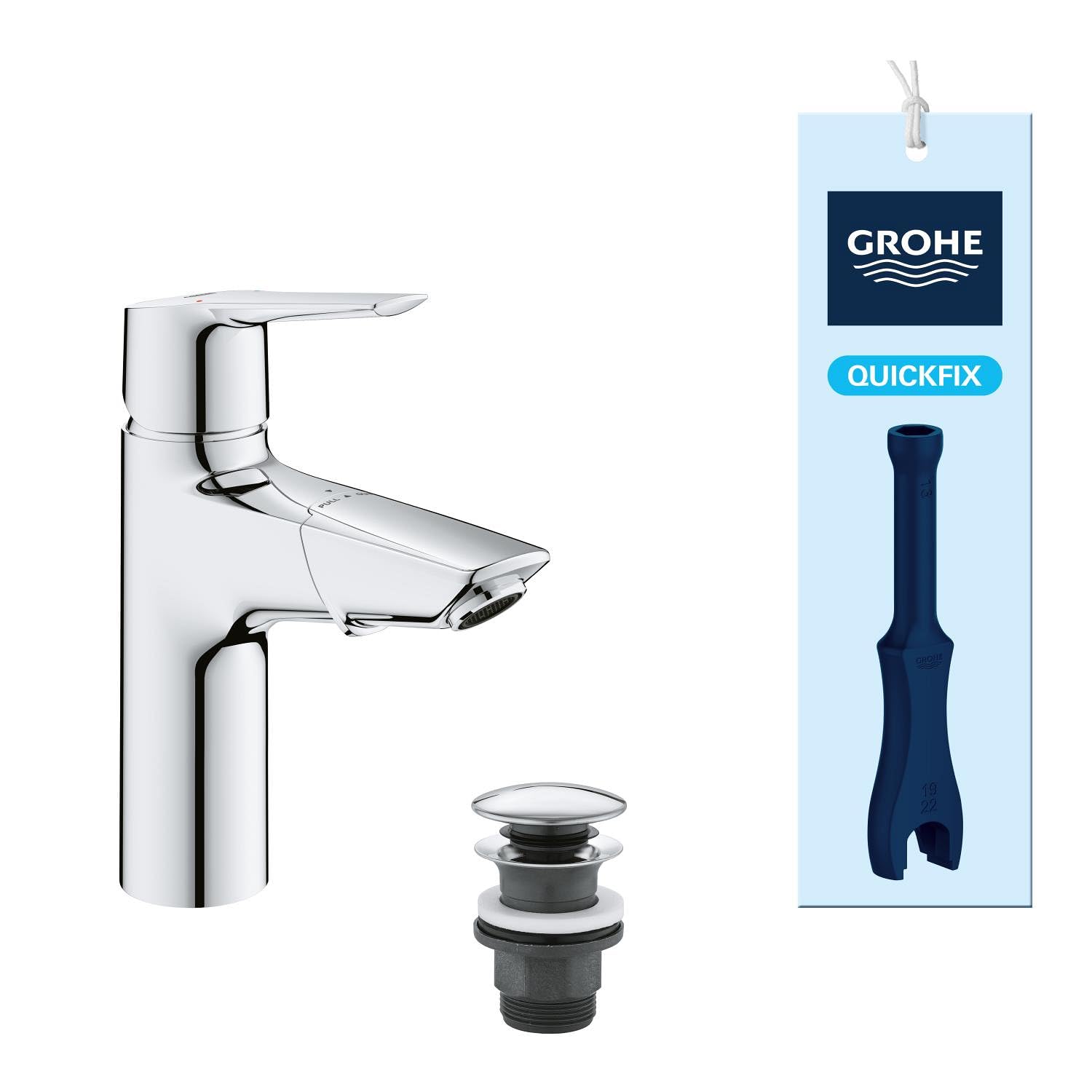 Grohe Start QuickFix- Grifo de lavabo monomando S (vaciador push-open, menor consumo de agua, instalación rápida, altura 165mm), cromo, 23550002