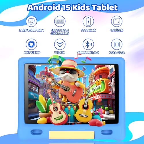 Image of Gleeso Kids Tablet, Android 15 Tablet for Kids 10 inch Octa-Core with Case, 128GB 1TB TF Card Expandable, Tablet for Toddler Children, Parental Control, Dual Camera, WiFi,Gift（Blue）