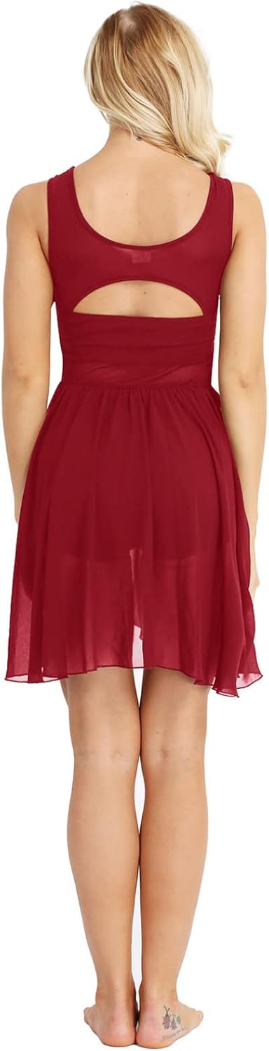 FEESHOW Women Contemporary Dance Costume Lyrical Dance Costume Illusion V-Neck Chiffon Flowy High-Low Leotard Dress