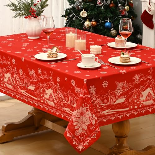 Alishomtll - Mantel de Navidad (140 x 240 cm), diseño de copos de nieve, árboles de Navidad, impermeable, lavable, decoración invernal, dorado y rojo