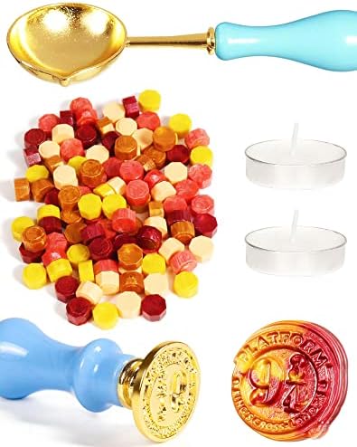 Magic School Wax Seal Stamp Kit, 100pcs Retro Color Sealing Wax Beads with Wax Melting Spoon, Candles & Wax Stamp Hilt with 9 3/4 Head for Envelope Letter, Gift for Boy Hp Fan Hogwarts Themed Party