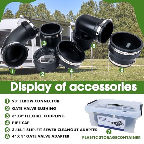 Image of RV and Camper Sewer Waste Plumbing Connection System Kit Compatible with 3 inch PVC Pipe RV Sewer Hose Fittings RV Sewer Adapter 6 Pcs, Set with Transparent Storage Box