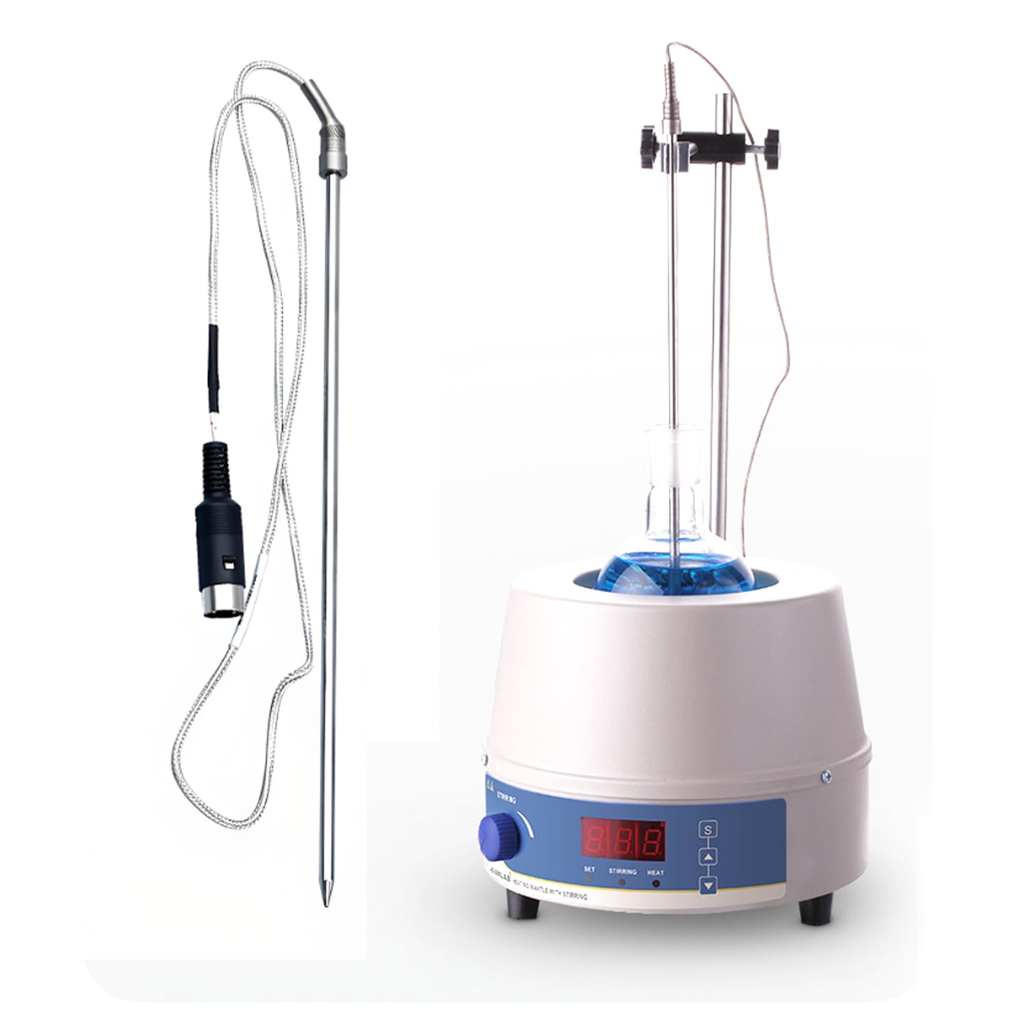 Manto calefactor con agitador magnético, calefacción termostática de 300 °C, capacidad de 2000 ml, velocidad de 0 a 1400 rpm, incluye sonda de temperatura para matraces de fondo redondo