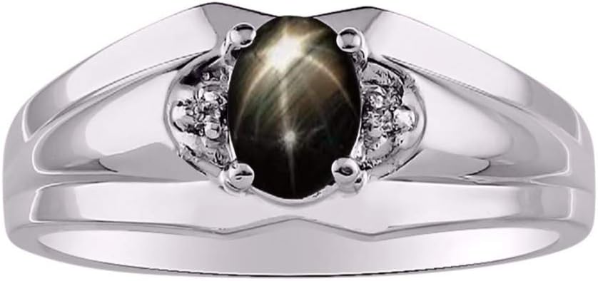 Rylos Mens Sterling Silver 7X5 Oval Gemstone & Diamond Ring Classic Birthstone Design in Sizes 8-13