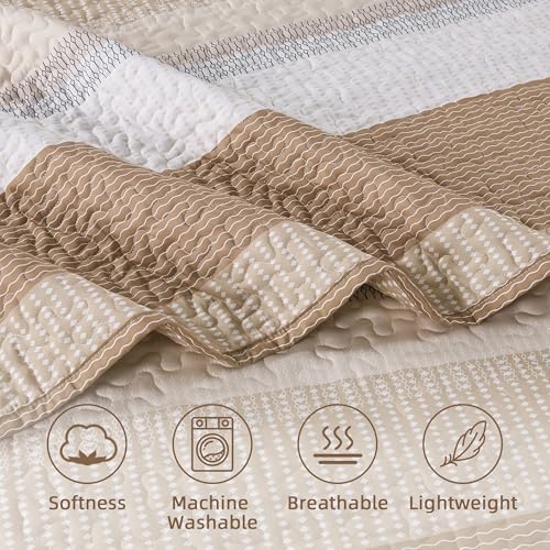 Image of Andency Taupe Striped Quilt Set Cal King(104x112Inch), 3 Pieces (1 Quilt and 2 Pillowcases) Patchwork Bedspread Coverlet Set, Soft Lightweight Quilted Bedding Set
