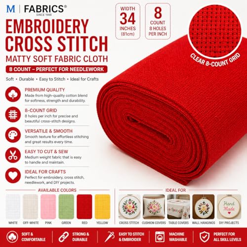 Image of M Fabrics 3 Meters Red Aida Matty Fabric 8 Count 34 Inch Width | Cotton Cross Stitch Embroidery Cloth Soft Needlework Fabric for Cushion Covers Table Covers Craft Sewing - 3 Meters Red