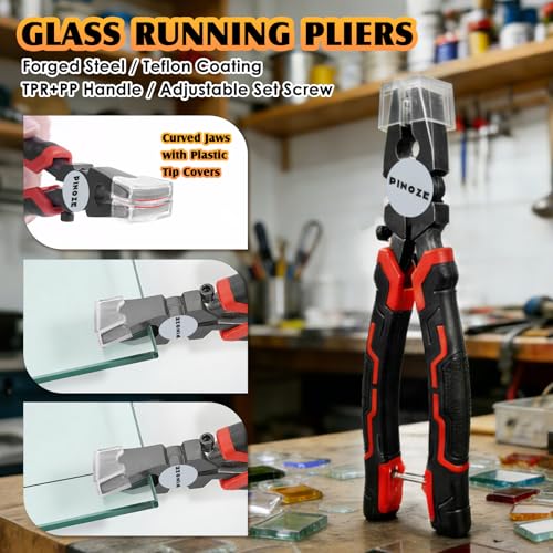 Image of PINOZE 14-Piece Glass Cutting Tool Kit, Glass Cutter 2-20MM, 8 inch Wheeled Tile Nippers & Glass Running Pliers, Breaker Grozer Pliers, Aluminum Cutting Ruler - for Stained Glass, Tiles, Mosaic Cutting