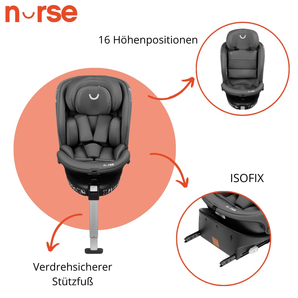 Nurse Titane Kindersitz i-Size 40–150 cm, 360° drehbar, ISOFIX mit Stützbein, Rückwärts- und Vorwärtsgerichtet, Seitenschutz, Grau