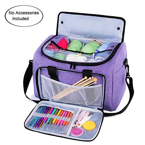 Teamoy Knitting Bag with Inner Detachable Divider, Yarn Storage Bag for Unfinished Projects, Crochet Hooks and Other Accessories, Purple