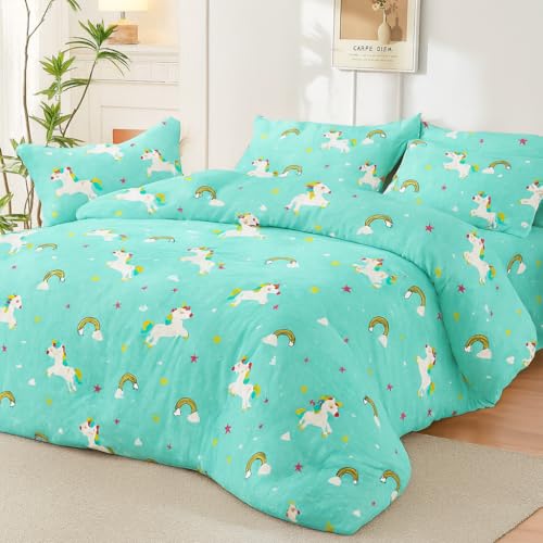 Image of 200 GSM 400 TC Kids Glace Cotton Reversible Cartoon Printed Double Bed King Size Comforter with Matching Bedsheet 90x100 Inches with 2 Pillow Covers Set of 4 Pieces- Sky