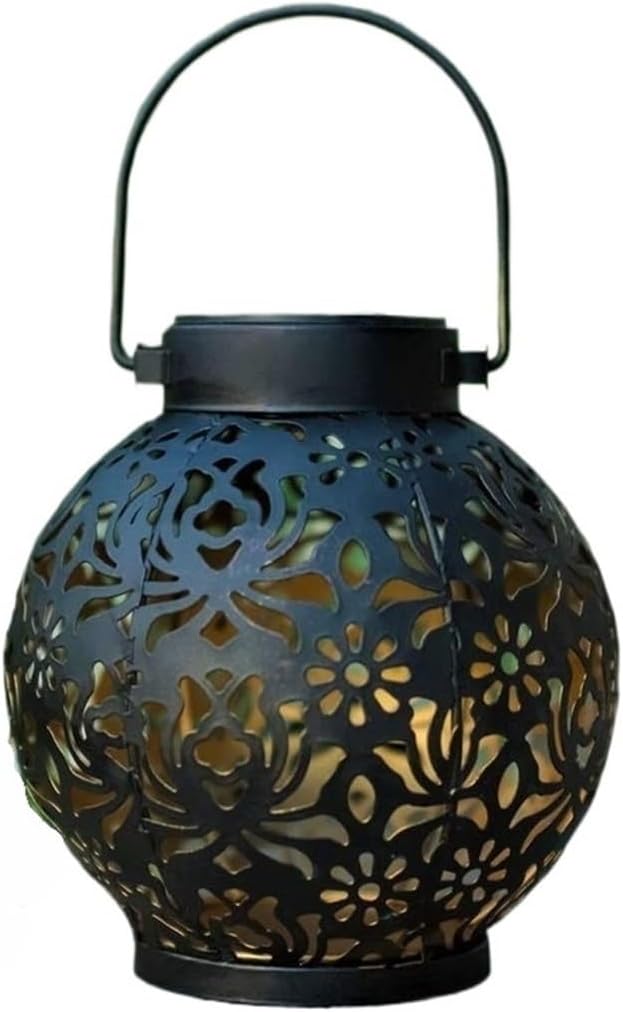 Wrought Iron Hollow Solar Lantern Hanging Projection Outdoor Waterproof Solar Light Patio Garden Art Decoration Camping Accessories (1pc Black)
