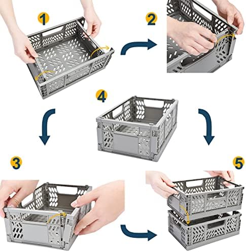 Small Storage Baskets 3 Pack, YETTA Foldable Plastic Storage Boxes, Stackable Crates Storage Boxes for Office, Grey