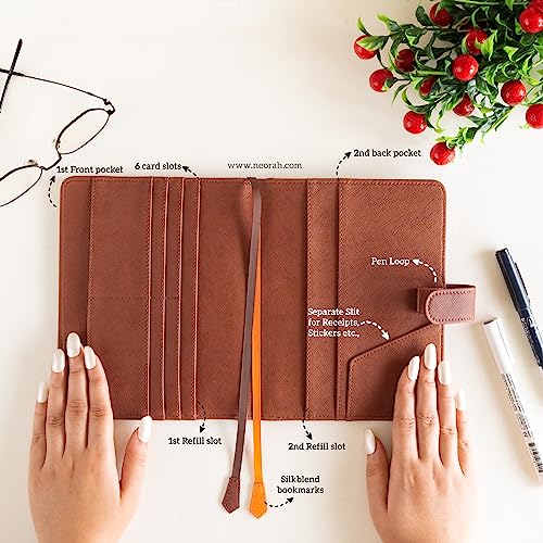 Image of NEORAH - B6 Notebook SLEEVE with SNAP Button - [ SLEEVE ONLY ]|Vegan Leather|Office Diary Holder with Penloop| 2 Front & 1 Back Pocket | 6 Card Slots |2 BookMarks - Fits any B6 Softcover - BROWN