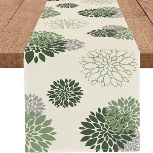 WHOMEAF Sage Green Gray Table Runner Dahlia Pinnata Flower Beige