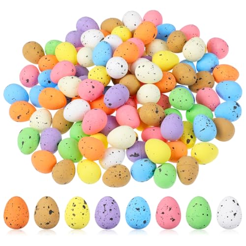 100pcs Mini Easter Eggs, Pastel Foam Speckled Eggs Decorative Easter Eggs Tiny Artificial Bird Eggs Bulk for Basket Fillers Spring Party Favors Centerpiece Decor Wreath Decor Craft Projects , 8 Colors
