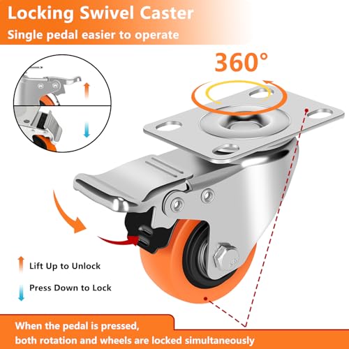 ASRINIEY Caster Wheels, 2" Casters Set of 4 Heavy Duty - Locking Casters Orange Polyurethane Wheel, Swivel Plate Caster with Brake, Non-Marking Castor Wheels for Carts Furniture and Workbench — view 2
