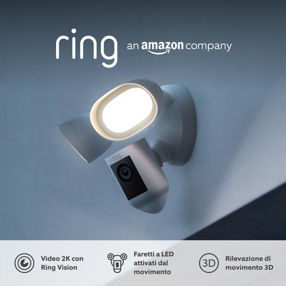 Ring videocamera Pro con proiettori Cablata (Floodlight Cam Wired Pro) |Video 2K con Ring Vision, rilevazione di movimento 3D |Prova gratuita di 30 giorni di Ring Home | 2 telecamere