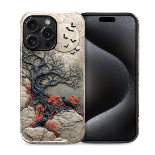 NONMY for iPhone 15 Pro Case,Hybrid 2 Layer Hard Shell Silicone Protective Case - Halloween Crow Bat Tree - Scratch Resistant Shockproof Cover