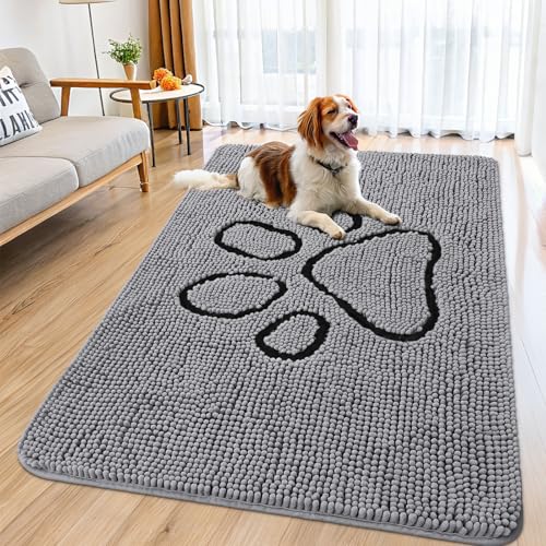 Image of Smiry Dog Door Mat for Muddy Paws, Absorbent Dirt Trapper Non Slip Quick Dry Washable Chenille Mat for Mud Dogs, Entry Rug for Indoor and Outdoor (59x32 Inches, Grey and Black)
