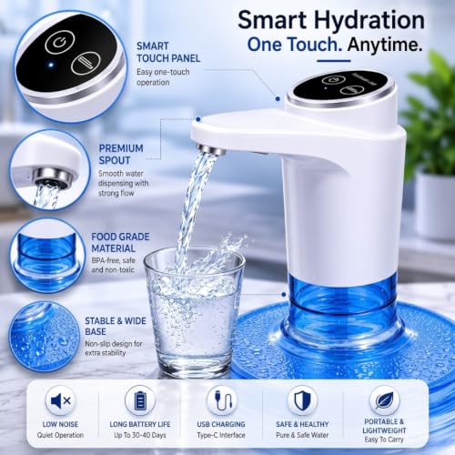 Image of Automatic Water Dispenser Pump with 600ml Quantitative Control | Rechargeable Battery, Wireless Smart Touch Water Bottle Pump for 20 Litre Can, Home, Office, Kitchen (White) - 600 ML