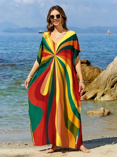 Image of sunforyou Kaftan Dresses for Women Plus Size Lightweight Swimsuit Cover up Batwing Sleeve Print Loungewear Beach Robe