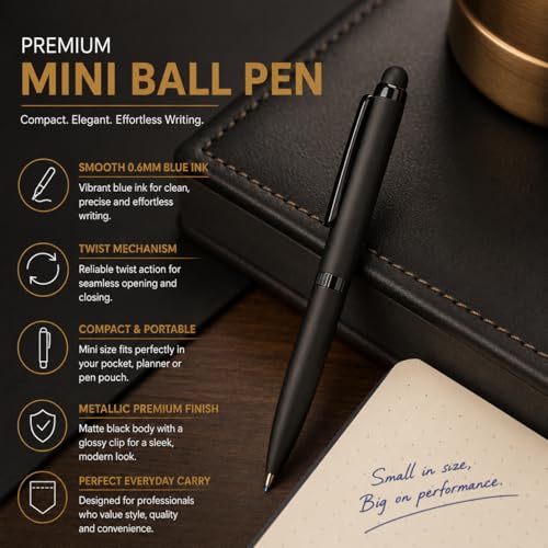 Image of Pen Paradise Set of 2 Matte Black Mini Ball Pen with Glossy Clip | Twist Mechanism | Smooth 0.6mm Blue Ink | Metallic Premium Pocket Pen for Office, Professionals & Gifting