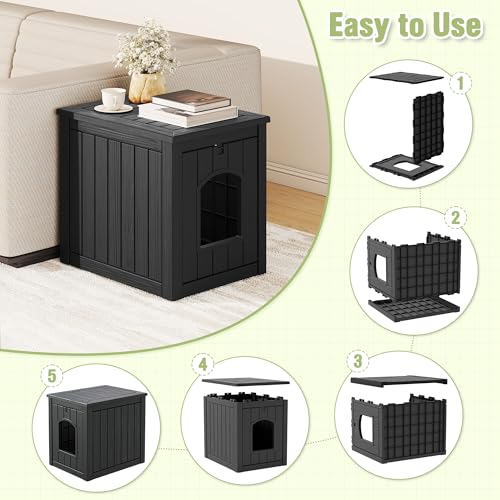 Image of Cat Litter Box Enclosure, Feral Outdoor Cat Enclosure Weatherproof for Winter Outside, Cat Litter Box Furniture Fit Litter Box, Sturdy Resin Shelter for Living Room, Easy to Assemble, Black