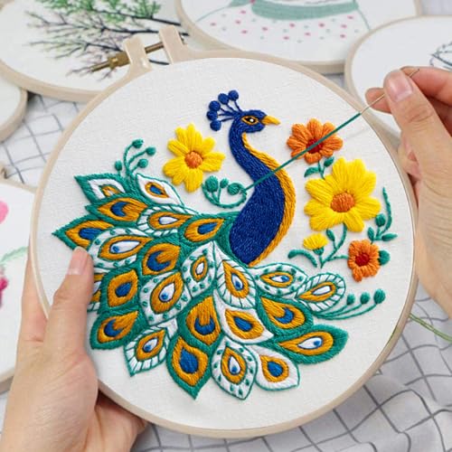Image of Louise Maelys Peacock Flower Embroidery Kits for Beginners,Cross Stitch Kit for Adults,DIY Needlepoint Kits Including Embroidery Hoop,Instruction and Threads