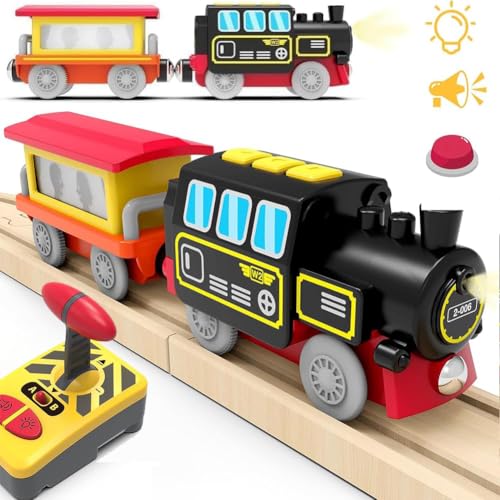 HYPERLIVING Motorized Trains for Wooden Track, Remote Control Train with Magnetic Connection, Battery Operated Locomotive Trains Set Compatible with Thomas, Brio, Chuggington - Train Toys for Toddlers
