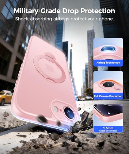 Image of FNTCASE for iPhone 17e Case: iPhone 16e Phone Case [360 Spin Magnetic Stand] [Compatible with Magsafe] [Screen Protector] Translucent Matte Military Grade Shockproof Protective Phone Cover Pink