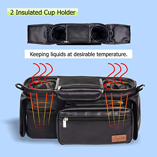 Waterproof Universal Stroller Organizer with Insulated Cup Holders, Lupantte Premium Leather Oil-Resistant Baby Stroller Organizer Fit for Britax, Graco, Baby Jogger, BOB Stroller, etc. Easy to Clean
