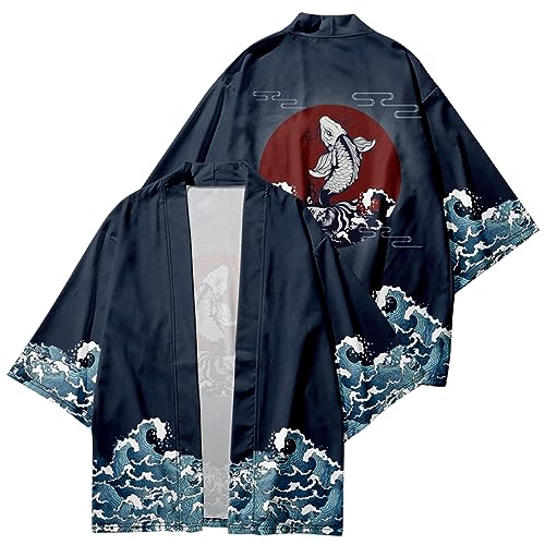 Image of DOSLAVIDA Men's Japanese Kimono Jacket Set Stylish Open Front Coat With Shorts Chinese Style Printed Cardigan Suit