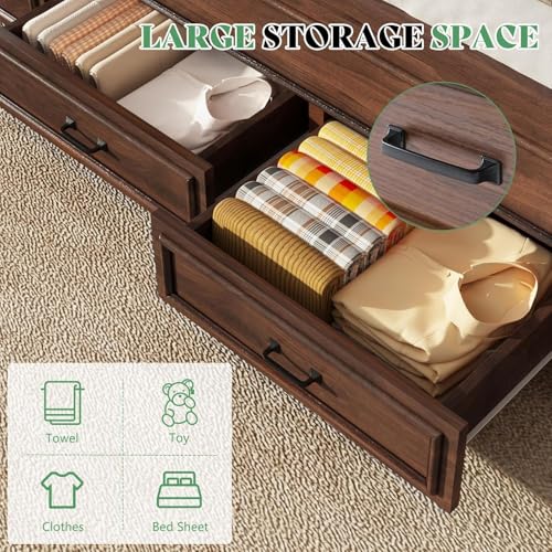 Image of AMERLIFE Farmhouse Full Size Bed Frame with 52.2 inch Tall Headboard & Footboard, Wood Platform Bed Frame with 2 Large Storage Drawers, Noiseless, No Box Spring Needed, Rustic Brown