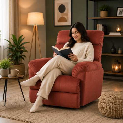 Image of Velvet Manual Recliner, 1 Seater, Maroon | Single Sofa Recliner, Comfortable Lounge Chair, For Living Room, Bedroom & Relaxation