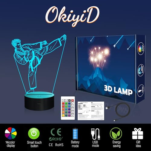 Image of OkiyiD Taekwondo Gifts for Boys & Men, Karate Night Light 3D Illusion Lamp with 16 Colors Remote Control, Taekwondo Accessories Karate Martial Arts Gifts for Boys Men Birthday Xmas Decor