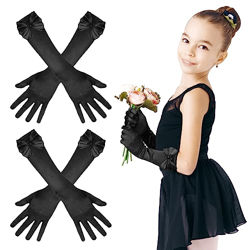 2 Pair Little Girls Long Princess Costume Glove, Creatiee White Dress Up Beading Bows Glove for Kids Party, Wedding, Birthday