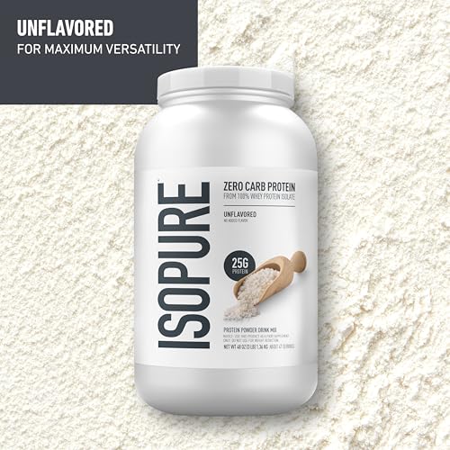 Isopure Proteína en polvo con cero carbohidratos 100% aislado de proteína de suero puro, libre de lactosa, sin gluten, con vitaminas, sin sabor, 25g de proteína por porción, 3 libras, 47 porciones (el