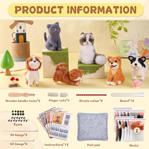 Image of Mayboos 12 Pcs Needle Felting Kit, Animal Needle Felting Beginner Kits Wool Felt Needle Felting Tools with Instruction for DIY Craft Animal Home Decoration