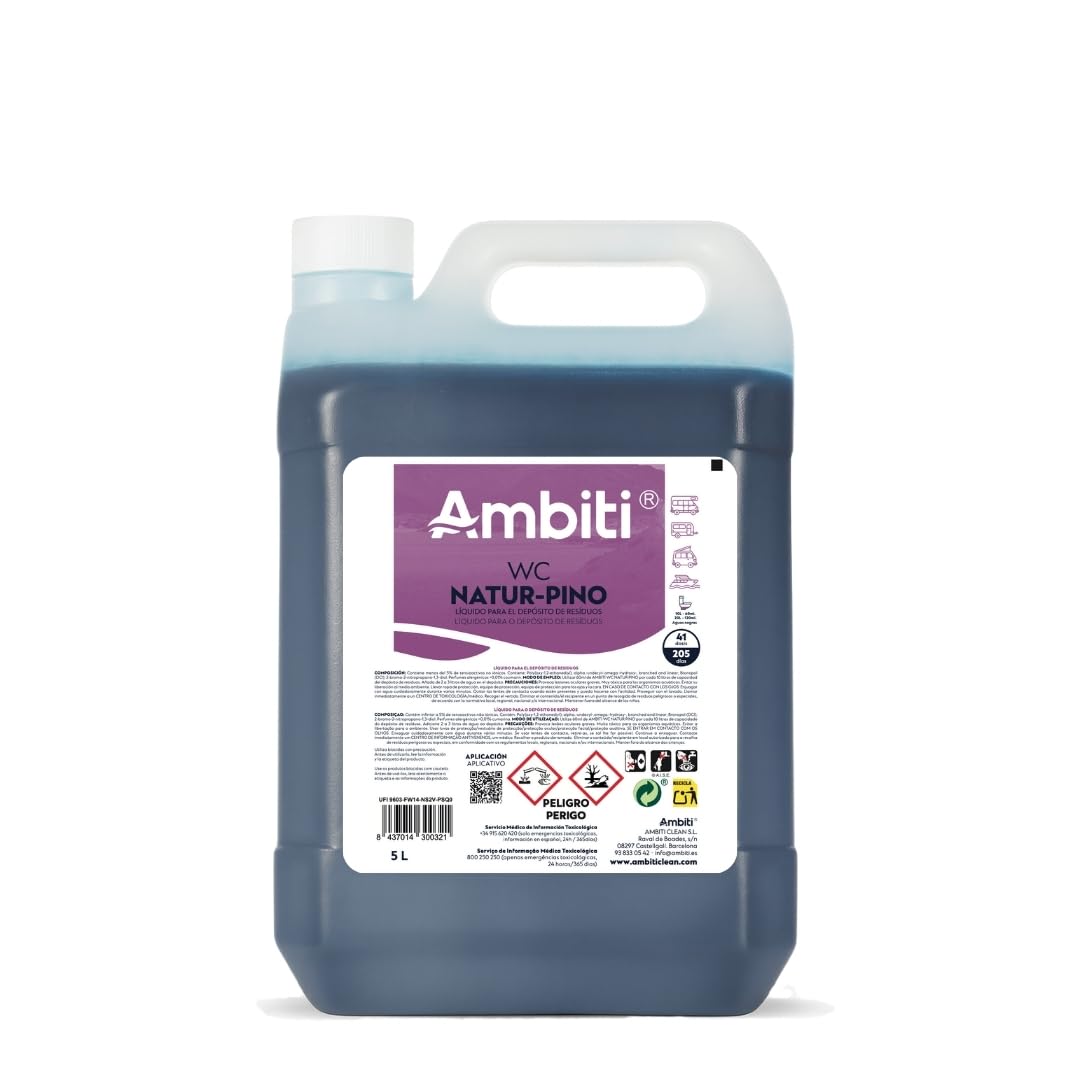 Ambiti | Natur Pino 5L | Aditivo para Depósito de Residuos Aguas Negras | Inodoros Portátiles de Autocaravanas, Caravanas y Barcos | Elimina Olores,residuos y Desinfecta | Fragancia a Pino