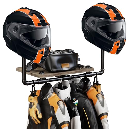 Motorcycle Helmet Holder Wall Mount, 3-In-1 Helmet Stand with 2 Glove Clips, Solid Wood&Metal Helmet Holder Hanger Rack (Metal)