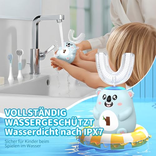 Elektrische Zahnbürsten für Kinder, 2-6/6-12,U-förmige Zahnbürste, Koala-förmige Zahnbürste, Ultraschall-Bürstenköpfe, 60 Sekunden-Timer (blau, 6-12 Jahren)
