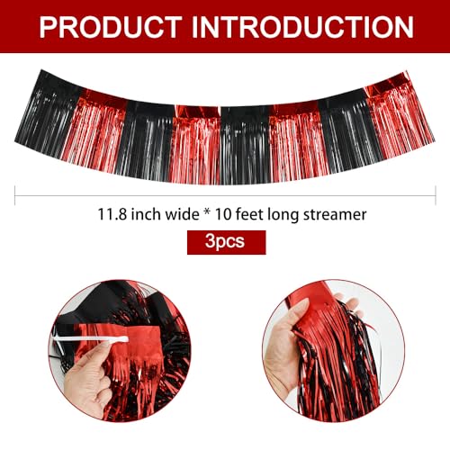 Image of BEISHIDA 3 Packs Metallic Foil Fringe Garland Red Black Wall Hanging Tinsel Fringe Banners for Car Floats Bridal Shower Wedding Birthday Easter Graduation Holiday Party Decoration(30 Feet)